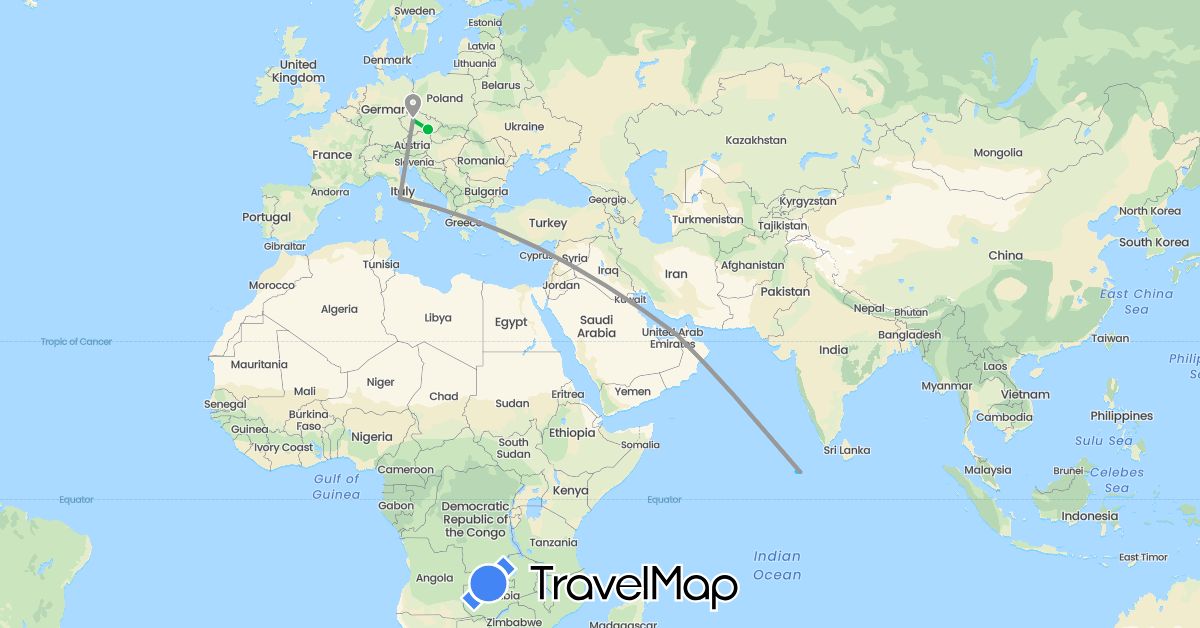 TravelMap itinerary: driving, bus, plane, boat in United Arab Emirates, Czech Republic, Italy, Maldives (Asia, Europe)